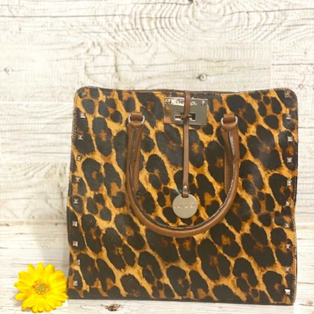 Pulicati Italian Leather Leopard Fur & Brown Leather Satchel Hangbag